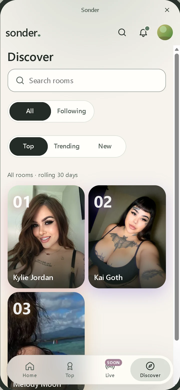 Sonder Discover screen: top rooms, Kylie Jordan, Kai Goth and Melody Moon