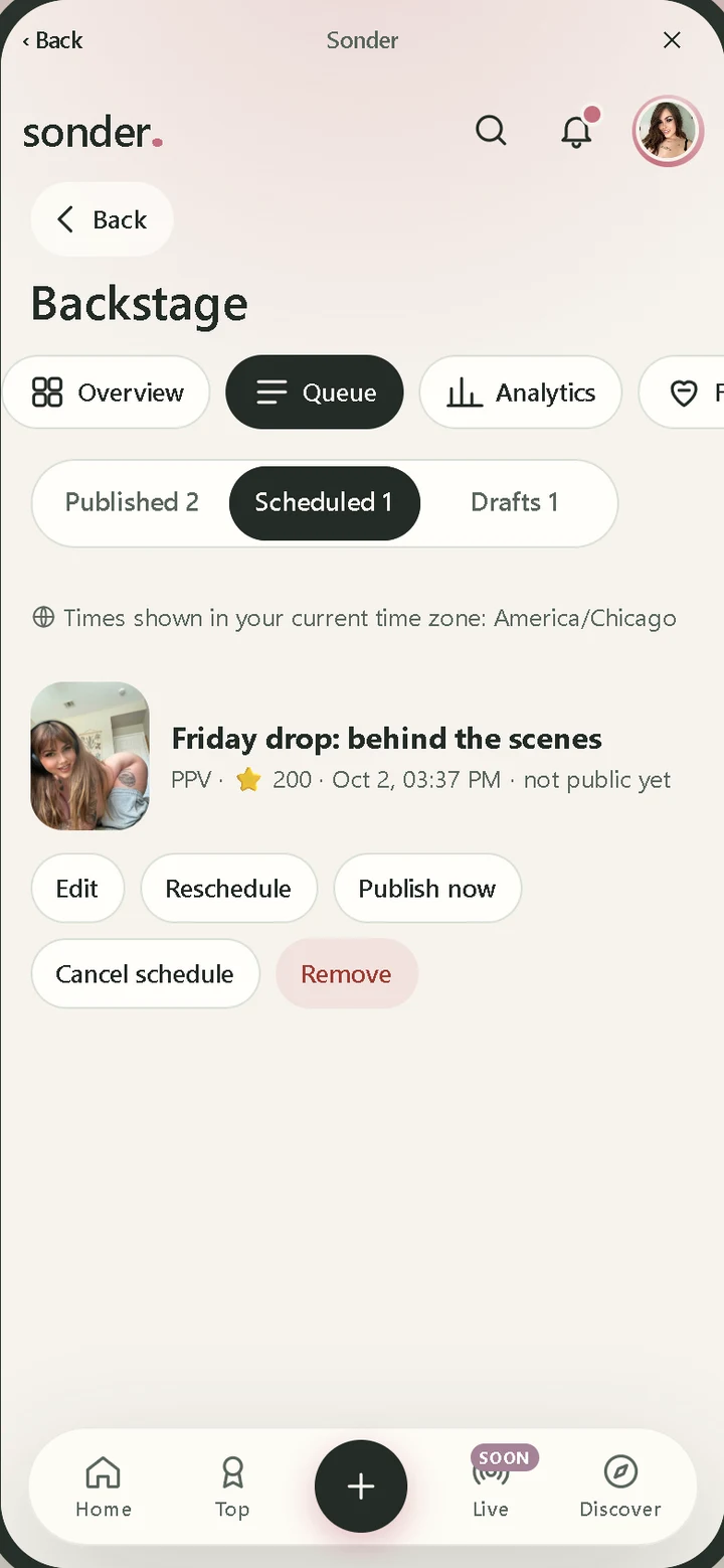 Sonder Queue screen: a PPV post for 200 Stars scheduled, with edit and reschedule controls