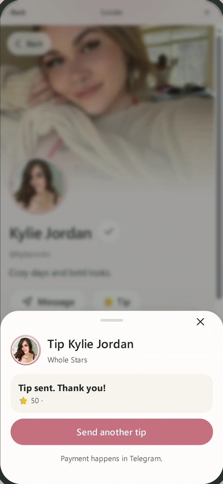 Sonder app: tip sent to Kylie Jordan, 50 Stars, payment happens in Telegram