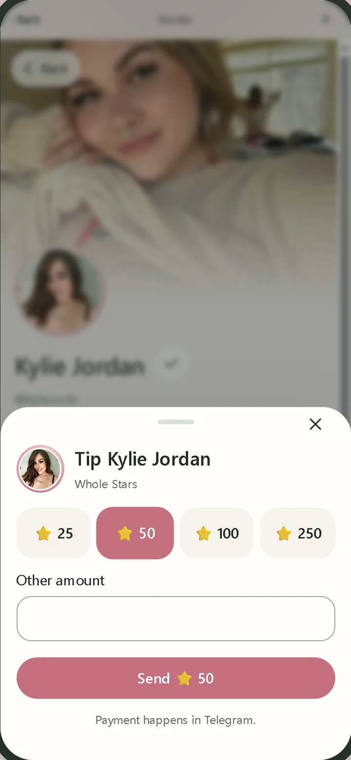 Sonder tip screen: a fan picks 50 Stars to tip Kylie Jordan; payment happens in Telegram
